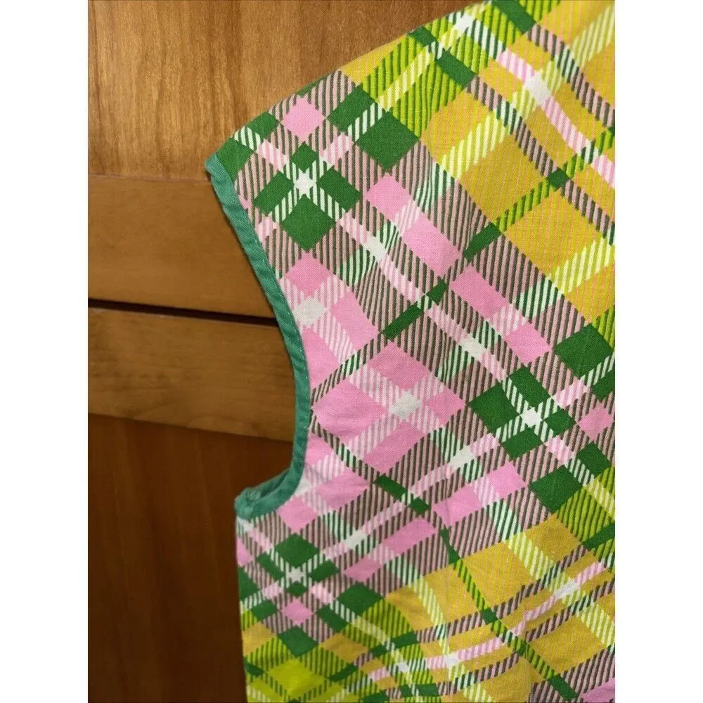 Vintage Apron Shirt 60's 70's Plaid Print Smock Top Snap Front Pockets S 20x28” - Picture 4 of 7